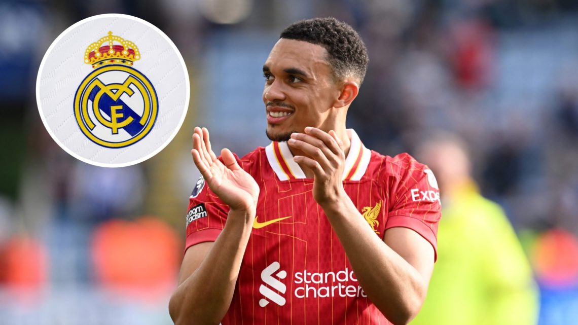 Image of Trent Alexander-Arnold with an inset of the Real Madrid badge