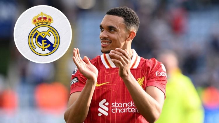 Image of Trent Alexander-Arnold with an inset of the Real Madrid badge