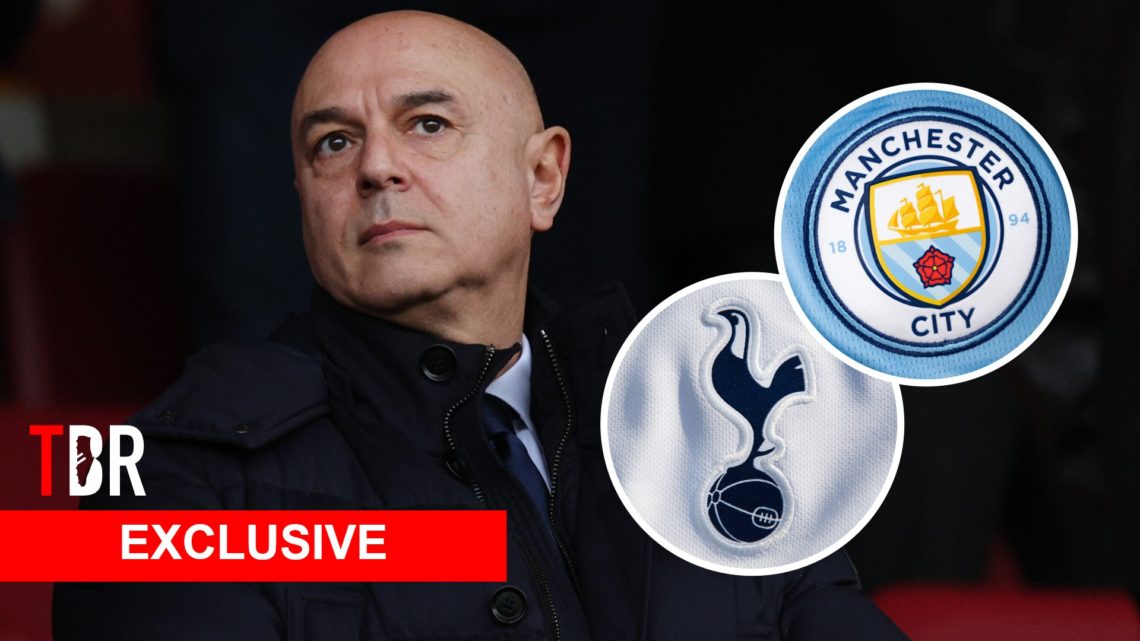 Daniel Levy looks on during Tottenham match. Insets, Tottenham and Man City badges.