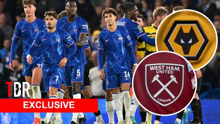Joao Felix with Chelsea players. Insets, West Ham and Wolves badges.