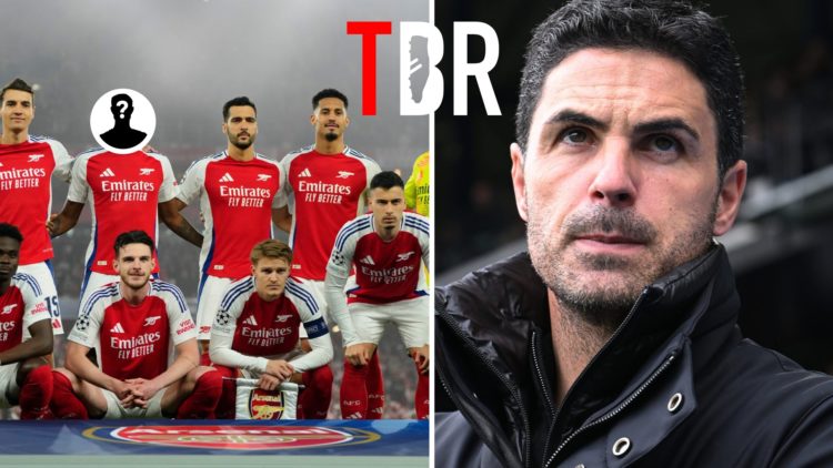 Split image of the Arsenal team next to Mikel Arteta with mystery inset