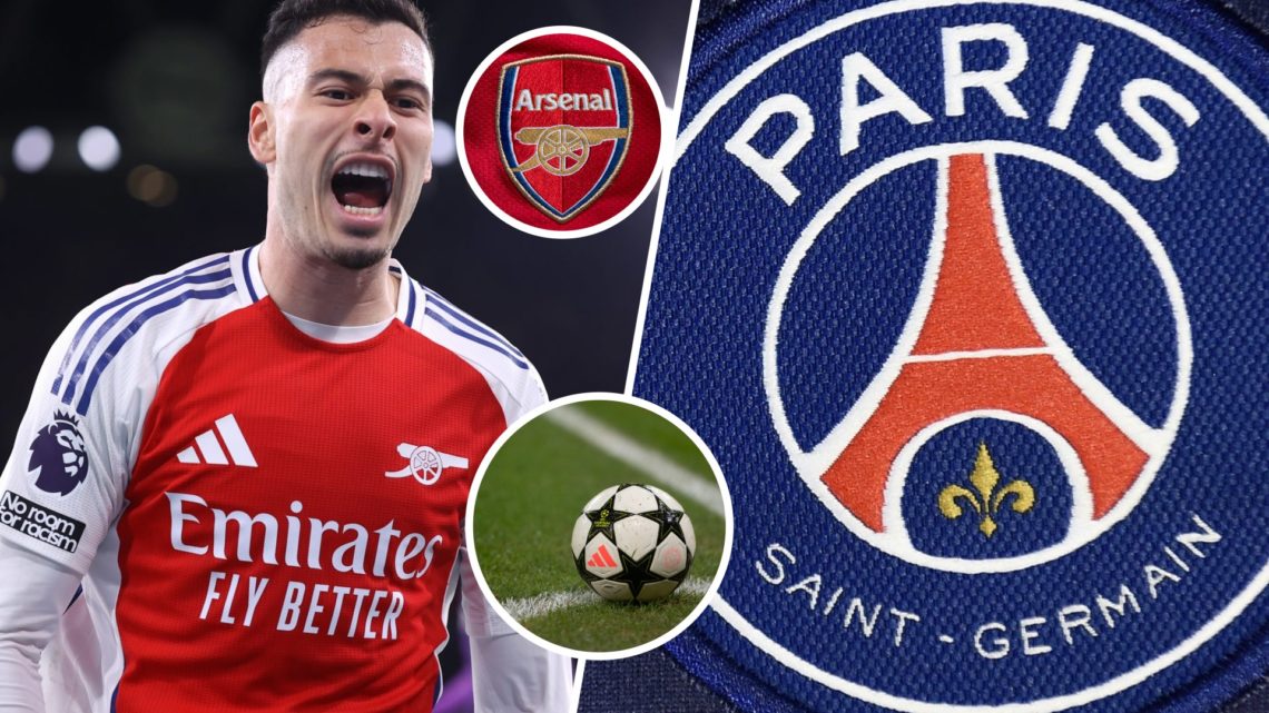 Split image of Gabriel Martinelli and the PSG badge, Champions League ball inset with Arsenal badge