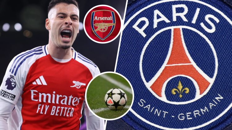 Split image of Gabriel Martinelli and the PSG badge, Champions League ball inset with Arsenal badge