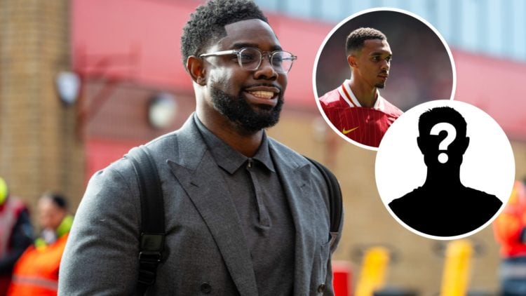 Image of Micah Richards smiling with insets of Trent Alexander-Arnold during a Liverpool gam and a mystery player