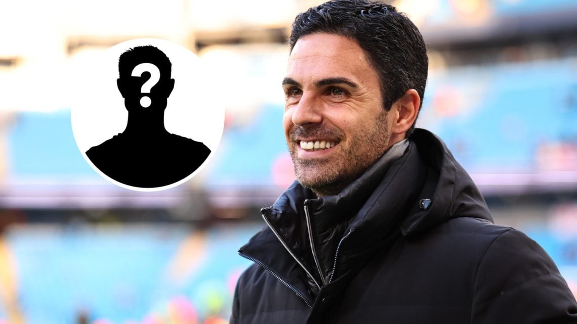 Arsenal manager Mikel Arteta with inset of mystery silhouette