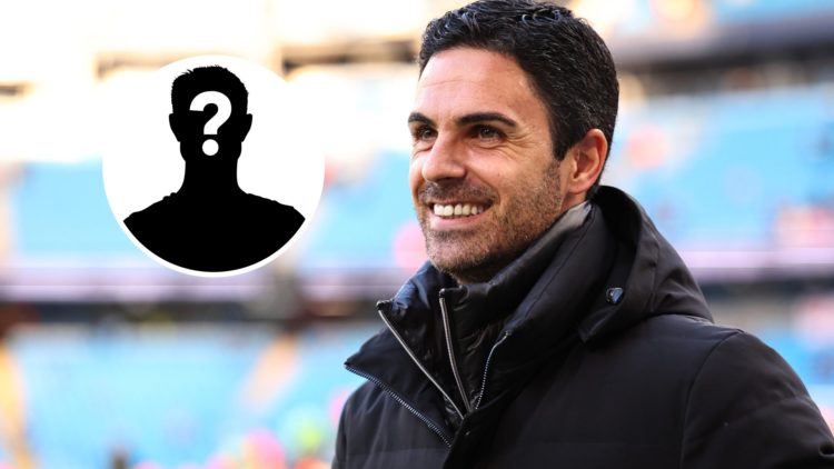 Arsenal manager Mikel Arteta with inset of mystery silhouette