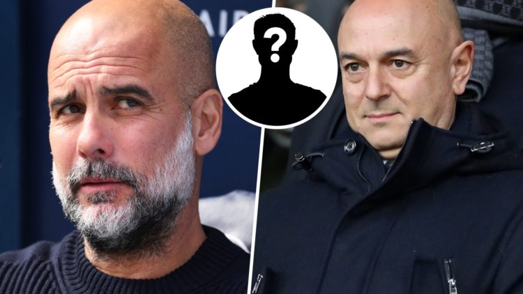 A split image of Daniel Levy and Pep Guardiola with a mystery figure