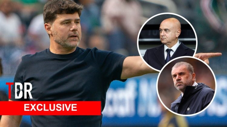 Mauricio Pochettino coaching for the United States. Insets, Daniel Levy and Ange Postecoglou at Tottenham.