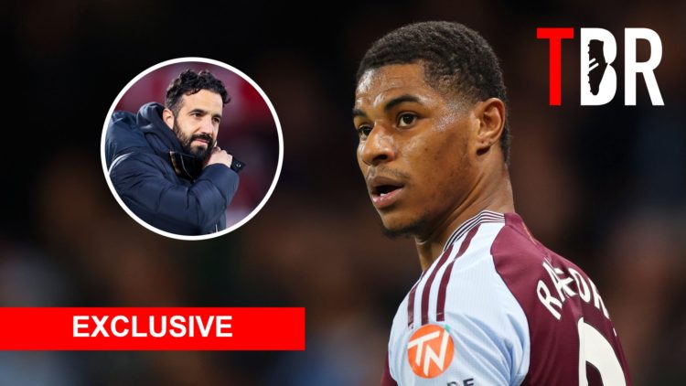 Marcus Rashford with inset of Ruben Amorim, TBR logo and Exclusive banner