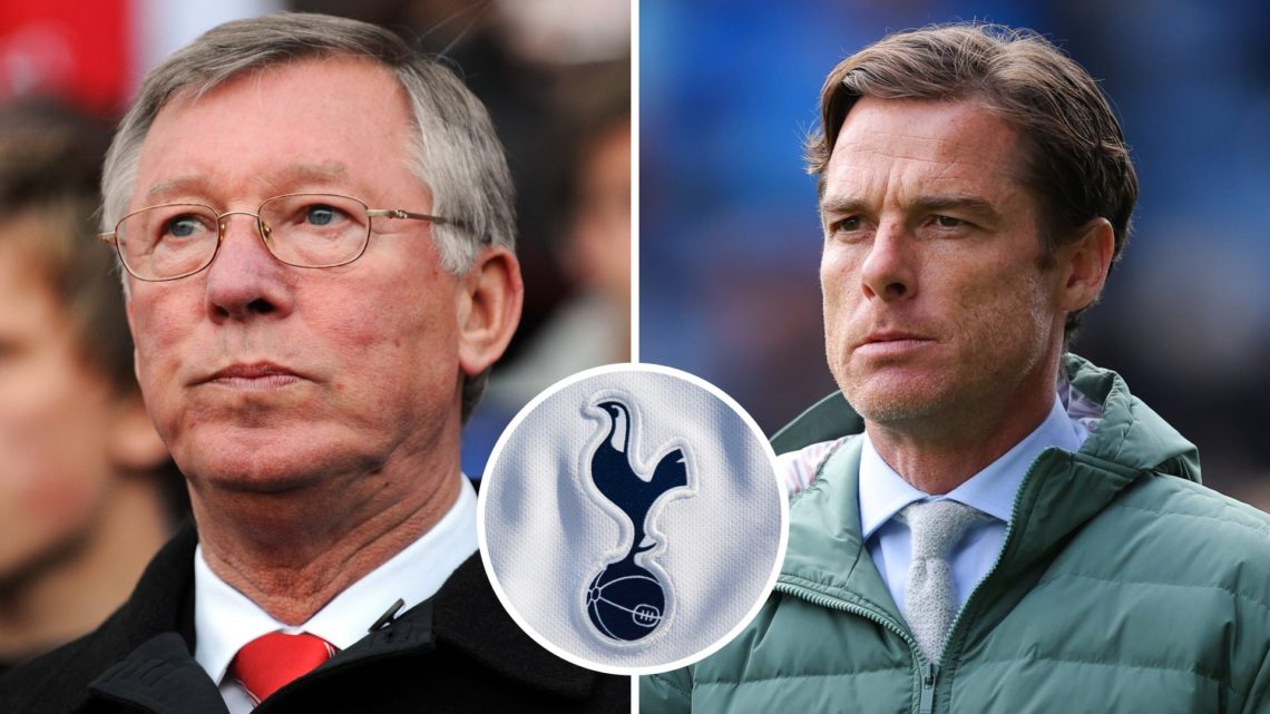 Sir Alex Ferguson looks on, split with Scott Parker at Burnley. Inset, Tottenham badge.