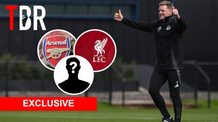 Newcastle United manager Eddie Howe. Inset of Arsenal badge, Liverpool badge and mystery player.