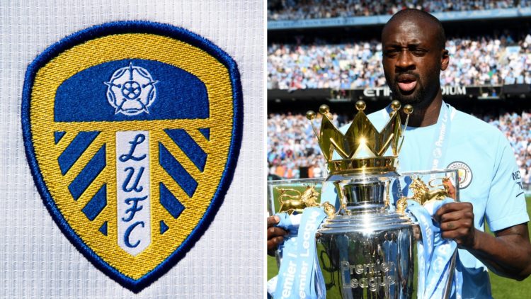 Split image of the Leeds United badge next to Yaya Toure of Manchester City