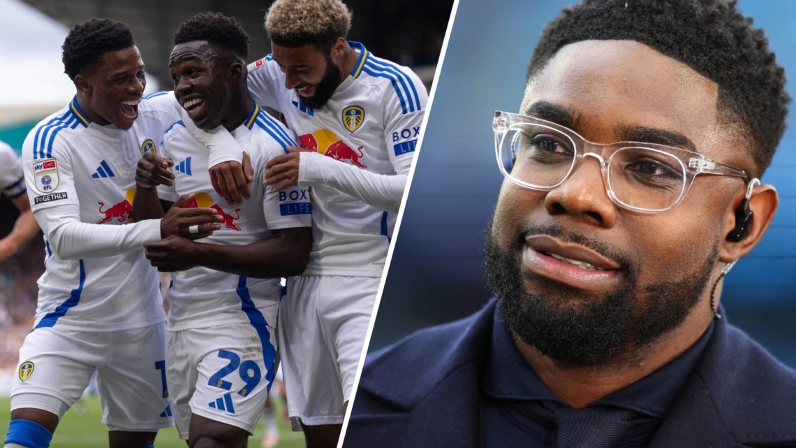 Leeds United players celebrate, split with Micah Richards.