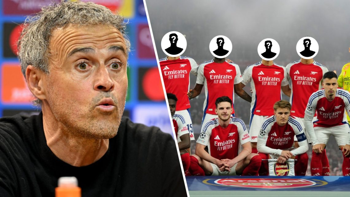 Split image of Luis Enrique next to Arsenal squad, four mystery circles inset