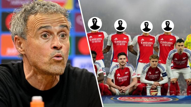 Split image of Luis Enrique next to Arsenal squad, four mystery circles inset