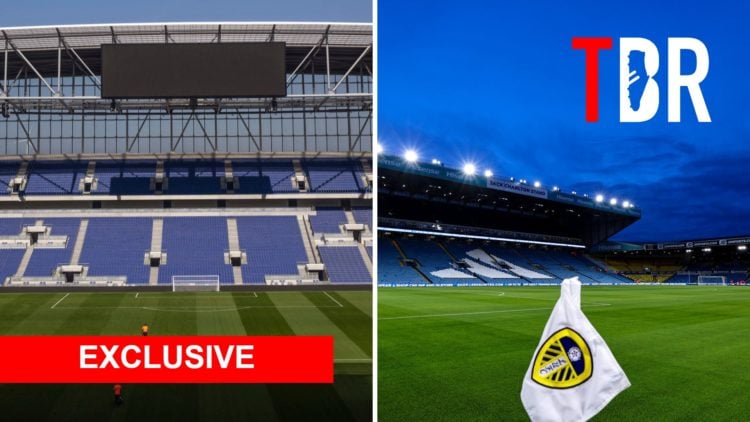 Split image of Everton's Bramley Moore-Dock stadium and Leeds United's Elland Road
