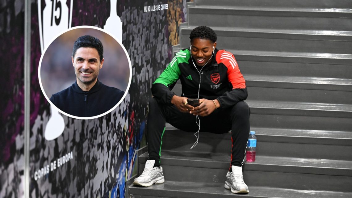 Arsenal star Myles Lewis-Skelly with inset of Mikel Arteta