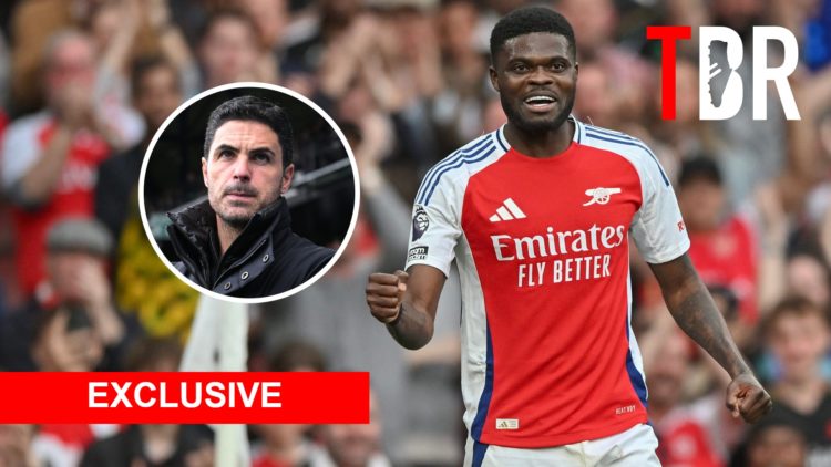 Thomas Partey with inset of Mikel Arteta, TBR logo and Exclusive banner