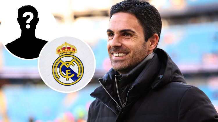Image of Arsenal manager Mikel Arteta smiling with insets of the Real Madrid badge and a mystery player