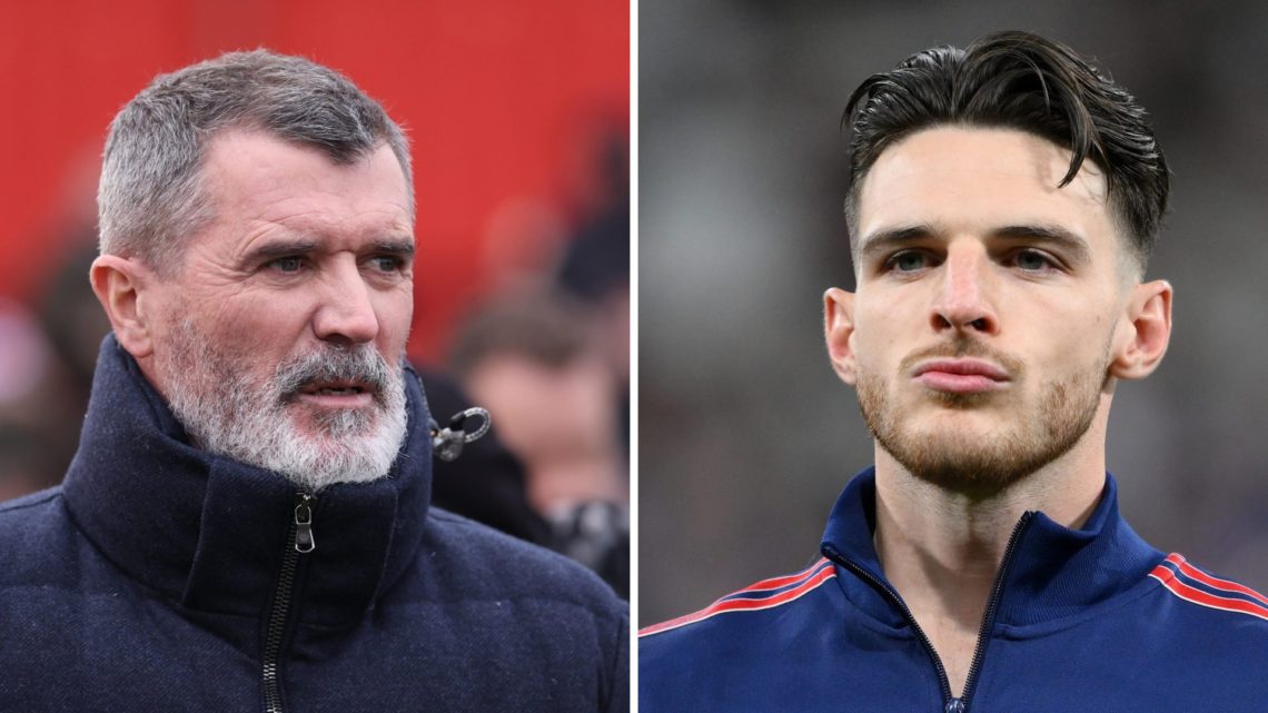 Split image of (L) Roy Keane while working as a pundit and (R) Declan Rice before an Arsenal game