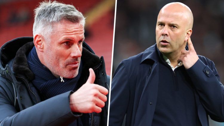 A split image of Arne Slot and Jamie Carragher