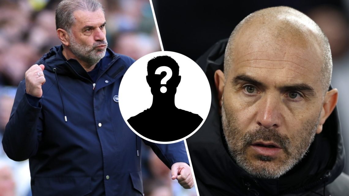 Split image of (L) Ange Postecoglou celebrating at Tottenham and (R) Enzo Maresca looking serious at Chelsea