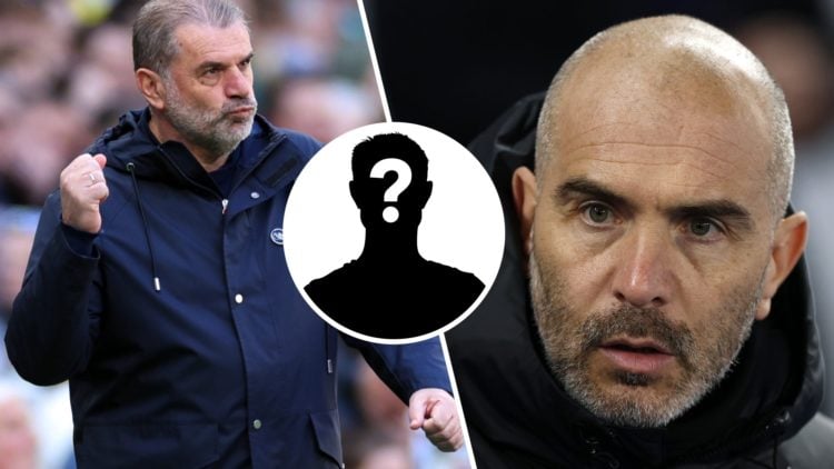 Split image of (L) Ange Postecoglou celebrating at Tottenham and (R) Enzo Maresca looking serious at Chelsea