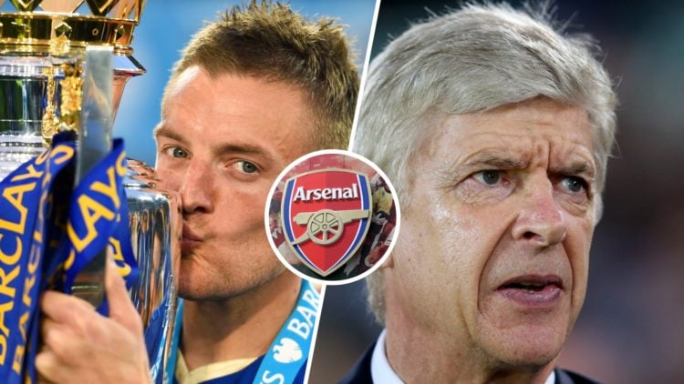 Split image of Jamie Vardy and Arsene Wenger with Arsenal badge inset