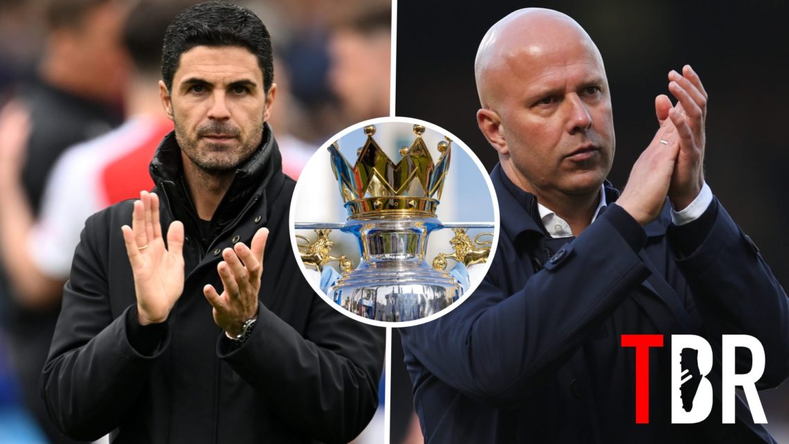 Split image of Arsenal manager Mikel Arteta and Liverpool boss Arne Slot with an overlay showing the Premier League trophy