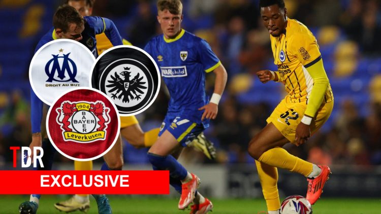 Joshua Duffus playing for Brighton with insets of Bayer Leverkusen, Eintracht Frankfurt and Marseille badges.