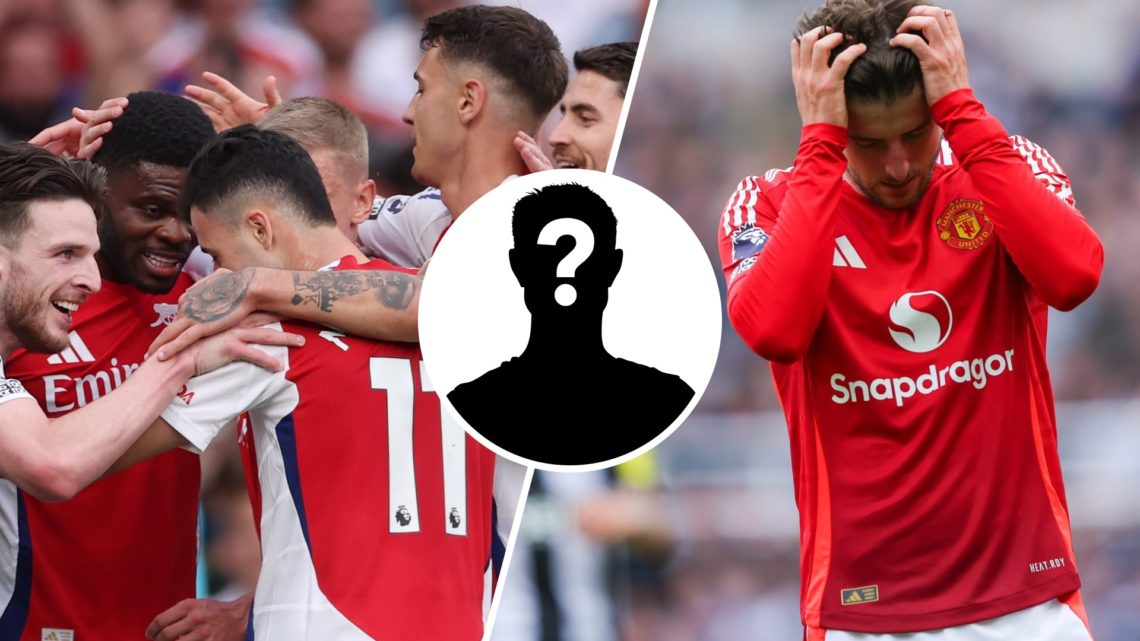 Split image of Arsenal players celebrating next to Mason Mount looking dejected