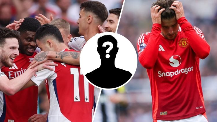 Split image of Arsenal players celebrating next to Mason Mount looking dejected