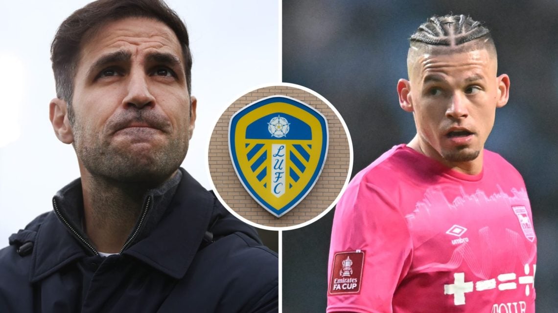 Cesc Fabregas at Como split with Kalvin Phillips at Ipswich Town. Inset, Leeds badge.