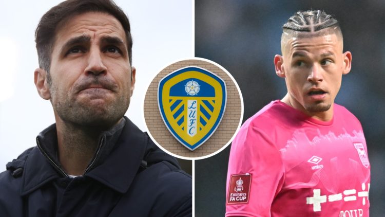 Cesc Fabregas at Como split with Kalvin Phillips at Ipswich Town. Inset, Leeds badge.