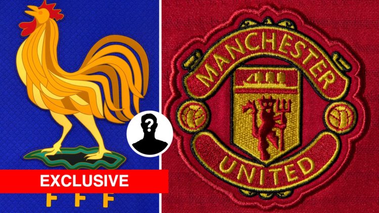 Split image of the France football badge and Manchester United badge, mystery player inset