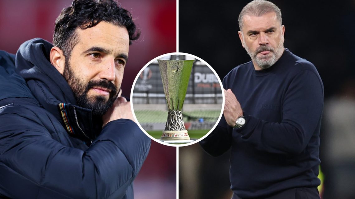 Split image of (L) Ruben Amorim during a Manchester United game and (R) Ange Postecoglou applauding after a Tottenham game