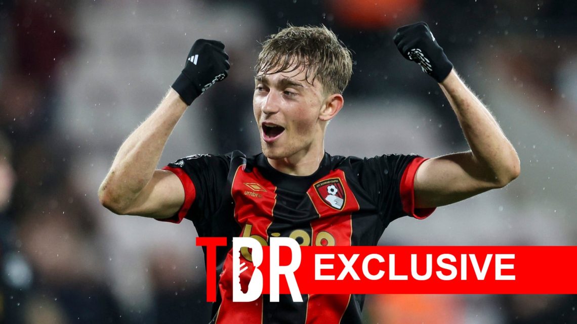 Image of Dean Huijsen celebrating during a Bournemouth game, overlaid a TBR Exclusive banner
