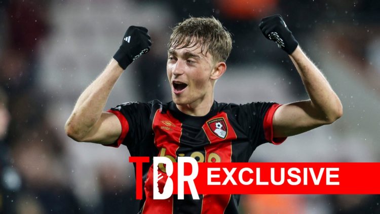 Image of Dean Huijsen celebrating during a Bournemouth game, overlaid a TBR Exclusive banner