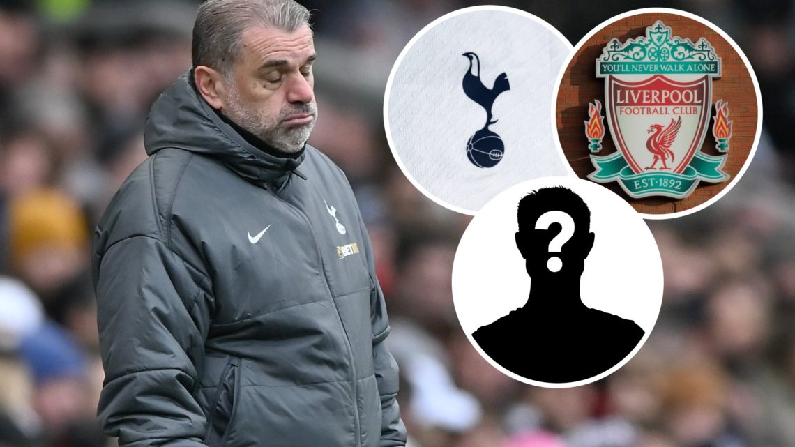 Image of Ange Postecoglou looking dejected with insets of the Tottenham and Liverpool badges and a mystery player