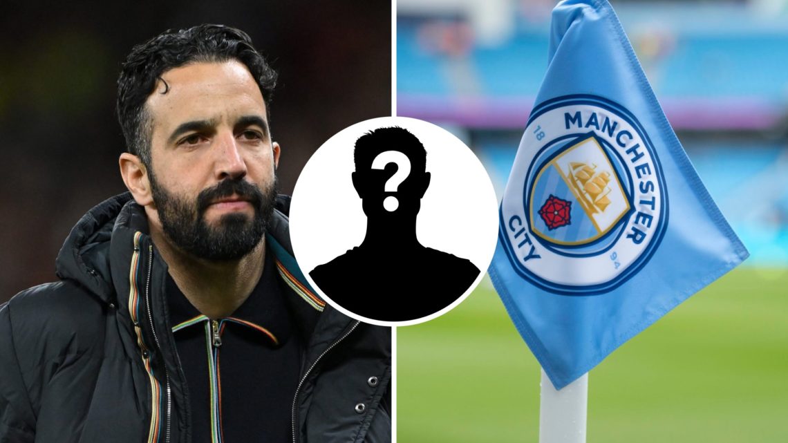 Split image of Man United manager Ruben Amorim and Man City corner flag. Inset: mystery player