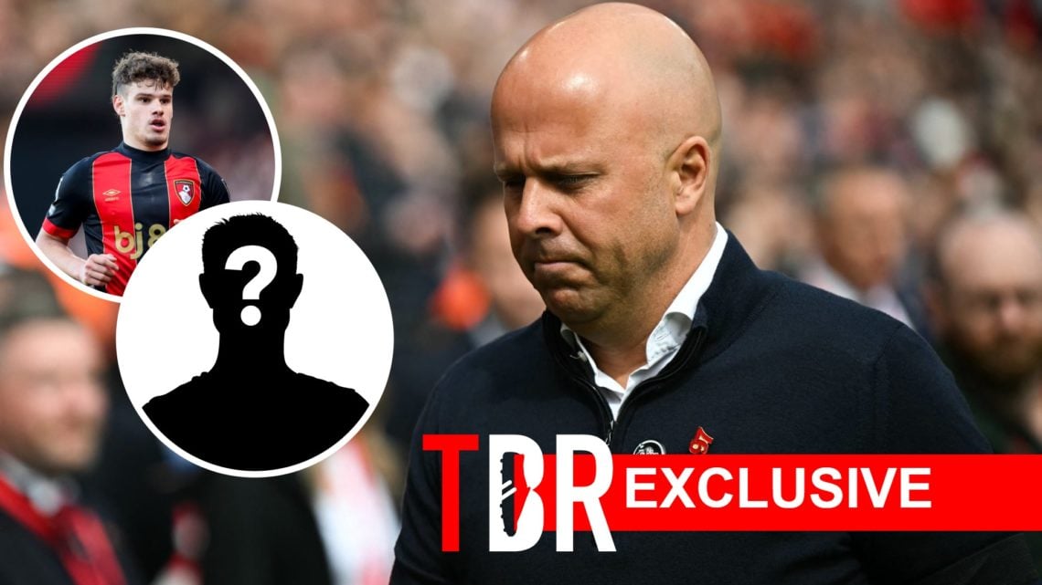 Image of Liverpool manager Arne Slot looking downwards with insets of Milos Kerkez playing for Bournemouth and a mystery player, overlaid a TBR Exc...