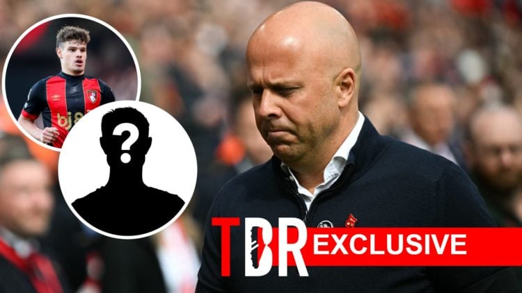 Image of Liverpool manager Arne Slot looking downwards with insets of Milos Kerkez playing for Bournemouth and a mystery player, overlaid a TBR Exc...