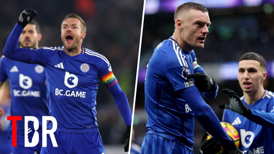 Split image of Jamie Vardy celebrating his goals for Leicester City