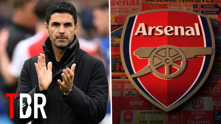 Split image of Arsenal manager Mikel Arteta and Arsenal badge