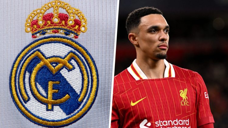 Split image of Trent Alexander-Arnold playing for Liverpool next to the Real Madrid badge
