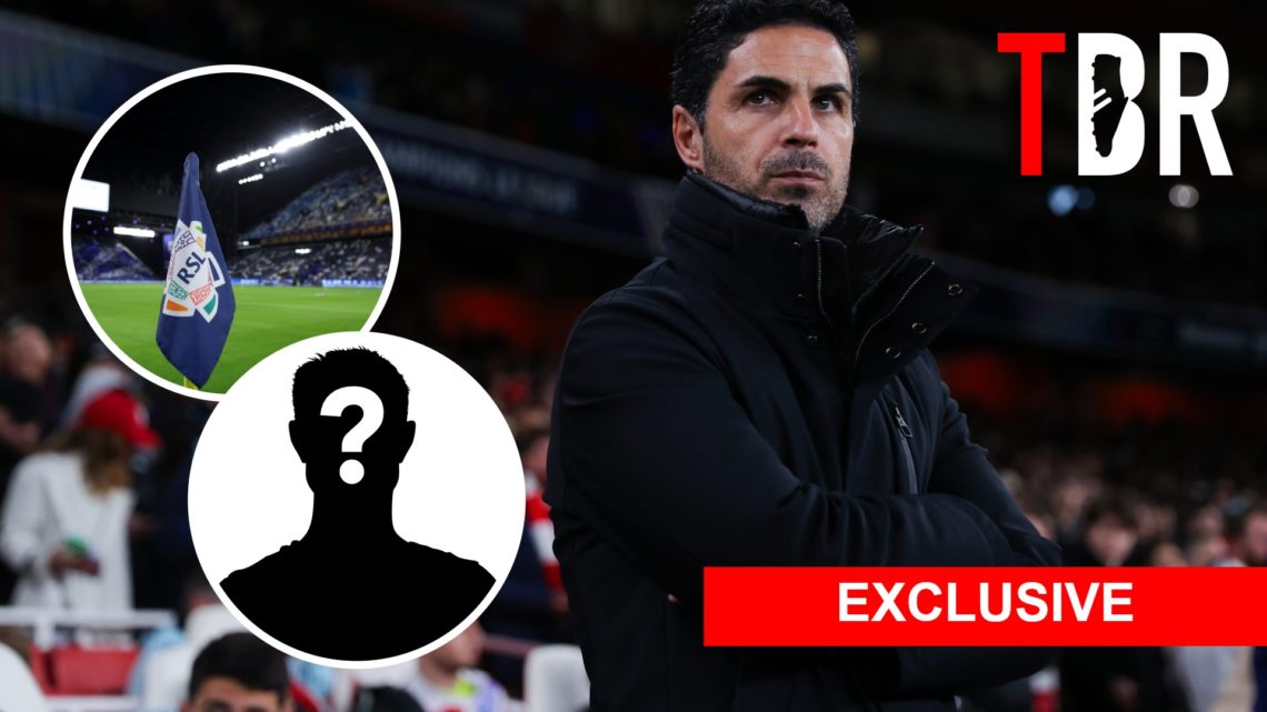 Split image: Arsenal manager Mikel Arteta. Inset of Saudi Pro League badge and mystery player.