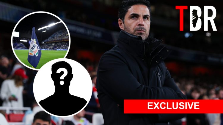Split image: Arsenal manager Mikel Arteta. Inset of Saudi Pro League badge and mystery player.