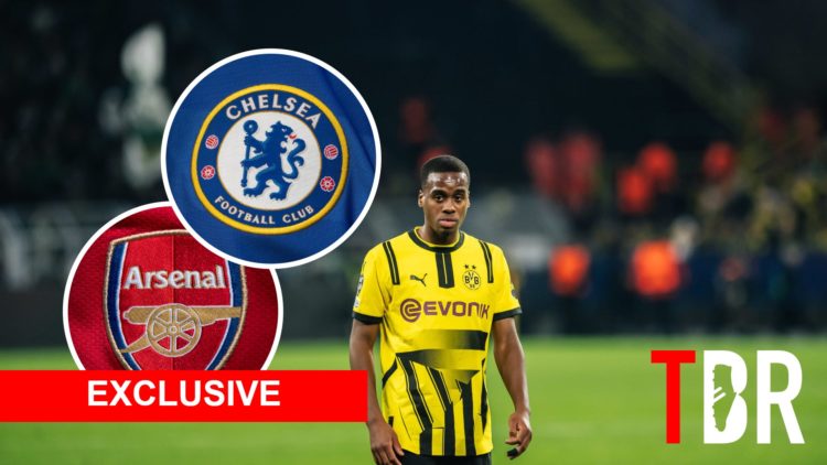 Jamie Gittens with insets of Chelsea and Arsenal badges, TBR logo and Exclusive banner