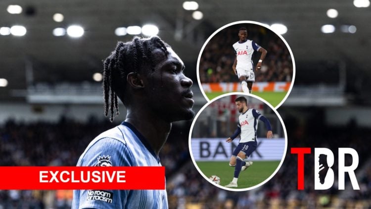 Yves Bissouma with insets of Pape Matar Sarr and Rodrigo Bentancur