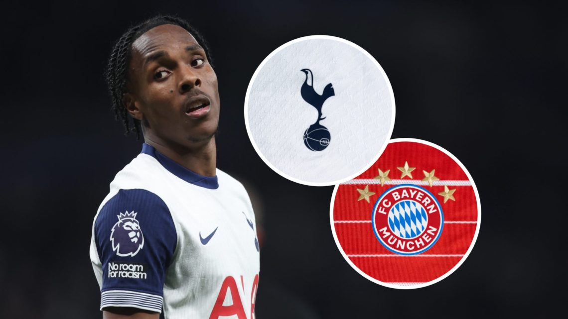 Mathys Tel with insets of Tottenham and Bayern Munich badges